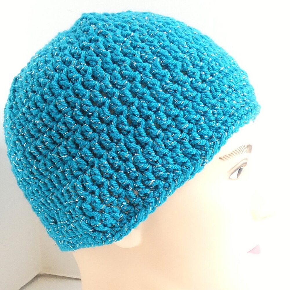 Sparkling Blue Skull Cap OS Handmade Crochet Hand Knit Warm Beanie Hat NWT